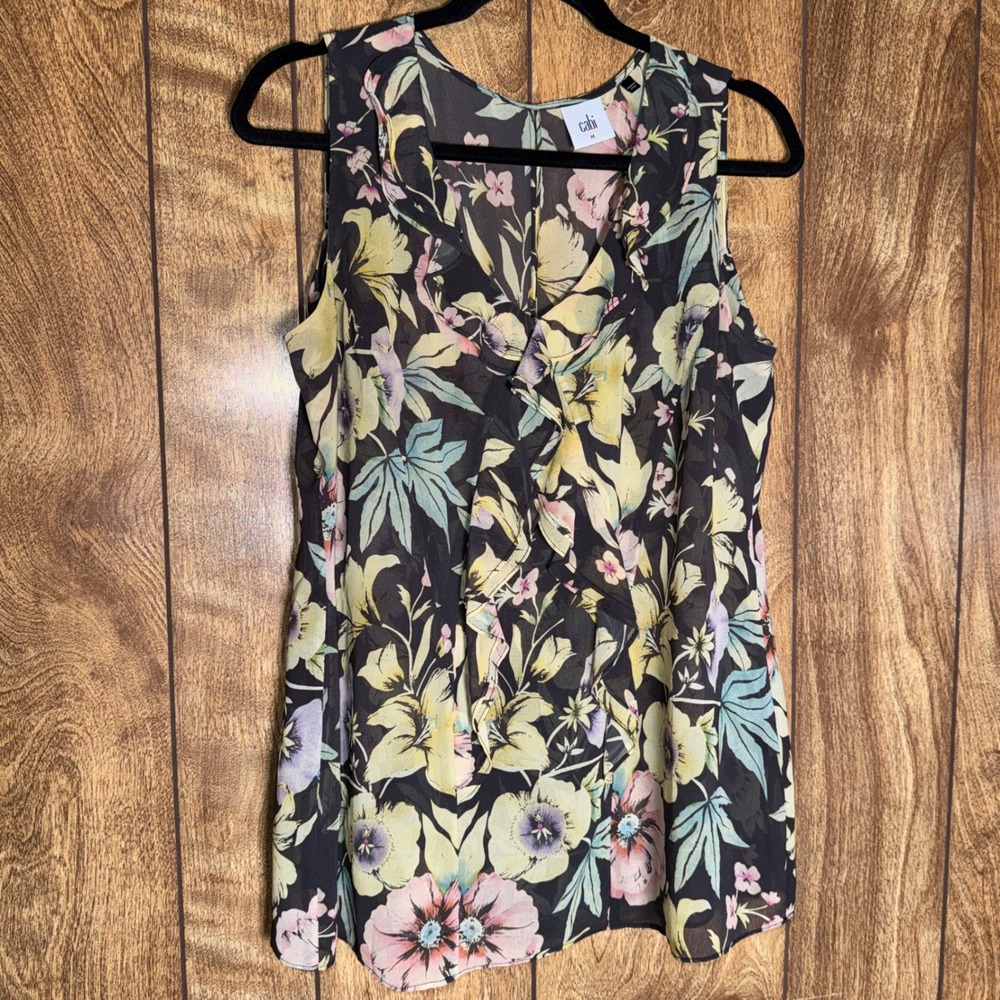 Cabi Osaka 3265 Floral Ruffle V-Neck Sleeveless Blouse Black Yellow Pink Medium